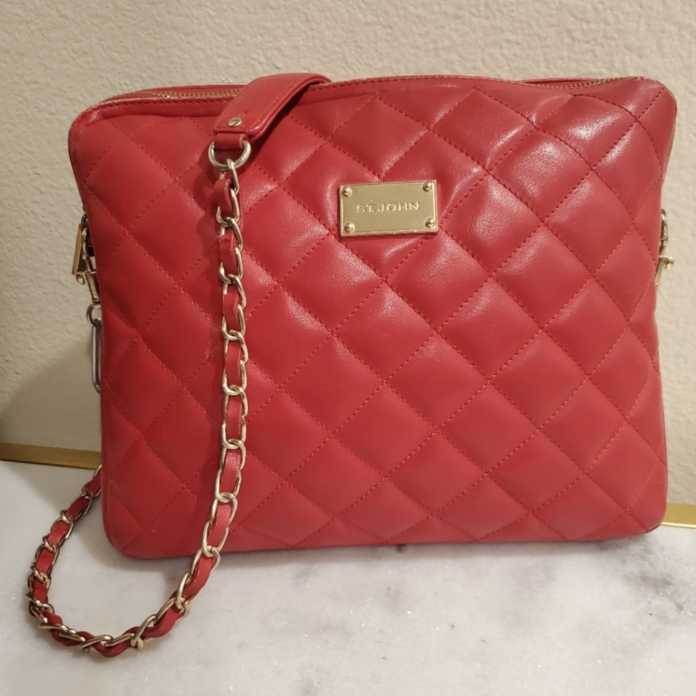 Designer St John Quilted Red Leather Vintage Shoulder Crossbody Handbag